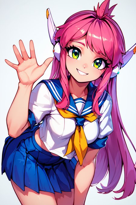 score_9, score_8_up, score_8, medium breasts, (curvy), cute, eyelashes,       BREAK, , zzNukuNuku, green eyes, pink hair, long hair, robot ears, school uniform, serafuku, blue skirt, white shirt, <lora:NukuNuku_PDXL:0.8>, , BREAK, looking at viewer,  smile, waving, upper body, leaning forward, head tilt,  embedding:zPDXL, Expressiveh, <lora:CatalystStylePDXL:0.6>,  <lora:SDXLFaeTastic2400:0.5>,  <lora:Expressive_H-000001:0.4>,