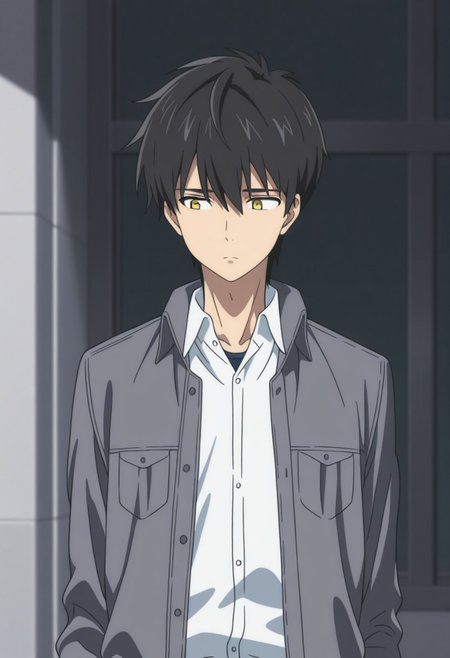 masterpiece,best quality,amazing quality, source_anime, 
KurouSakuragawa, 1boy, male focus, solo, yellow eyes, black hair, shirt, white shirt, collared shirt, jacket, grey jacket, open jacket,