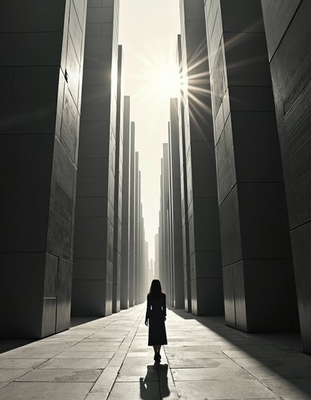 monochromatic art by H. R. (Hans Ruedi) Giger and Orazio Gentileschi, A low-angle view of a geometric cityscape seen from the vantage point of a person on the street level facing the left side of the image. The sun is shining in the middle of the image and its shadow is cast over the streets below it. There are many skyscrapers visible in the image, the buildings are all tall and narrow, the one closest to the camera is slightly taller than the rest. The skyscraper in the bottom right corner of the image is partially visible, the top of that building is much shorter than the rest of the skyline. The sides of the skyscraper are casting long shadows that extend toward the bottom of the image., Ethereal Thai model with fair complexion and luscious, long brunette hair, , complex artistic color composition, dynamic dramatic beautiful full taking, positive emotional, fertile, Surrealism, biomechanical art, Alien franchise, dark and haunting imagery, intricate designs, Italian Baroque, Caravaggism, biblical and mythological subjects, chiaroscuro, dynamic compositions