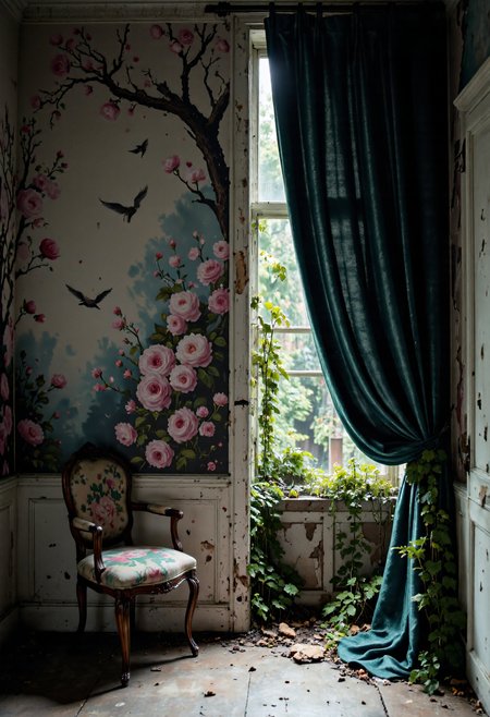 A moody, abandoned interior with an elegant, vintage aesthetic. A richly textured wall mural featuring delicate branches, blooming pink and white roses, and a solitary bird in flight evokes a sense of faded beauty. The wall shows signs of decay, with cracked plaster and exposed brick adding a raw, worn character to the room. A single ornate wooden chair with a floral-patterned seat cushion sits in front of the mural, casting soft shadows. Heavy, dark teal velvet curtains are tied to the side, partially revealing an old wooden door with distressed paint that opens to an overgrown garden, where creeping plants and scattered leaves spill into the room. Dappled natural light filters through the doorway, creating a melancholic ambiance. Style influences include dark academia, romantic decay, and vintage European elegance. in the style of Jed-clrfl <lora:flux-colourful:0.3> <lora:Sinfully_Stylish_.02_for_FLUX:0.6> <lora:FluxDFaeTasticDetails:0.5>