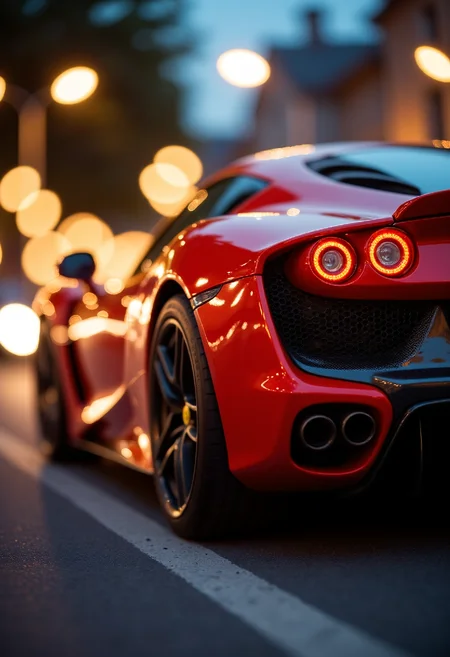 bkhglwCE_style, bokeh, backlit. Photorealistic close-up of a red Ferrari sportscar, shallow depth of field with blurred street lights creating a bokeh effect, motion blur on the wheels, dusk lighting, 85mm lens, f/1.8, ISO 200, high resolution