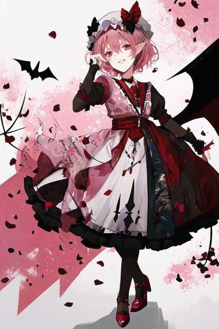 embroidery, jewelery, gown, frills, gloves/elbow gloves, high heels/shoes, pantyhose/thighhighs, remilia_scarlet_(koumajou_densetsu), solo, 1girl, smile, short_hair, shirt, red_eyes, bow, blush, hat, ribbon, dress, hair_ornament, frills, blue_hair, jewelry, puffy_sleeves, short_sleeves, red_bow, wings, mob_cap, nail_polish, pink_eyes, flower, ascot, pantyhose, sidelocks, detached_sleeves, hat_ribbon, shoes, pointy_ears, grin, wrist_cuffs, bat_wings, sword, fingernails, white_headwear, black_pantyhose, high_heels, hat_bow, collar, fang, sash, black_gloves, choker, petals, white_dress, fingerless_gloves, polearm, lips, hair_flower, expressionless, frilled_sleeves, hat_flower, brooch, pink_dress, red_sash, armband, sharp_fingernails, frilled_dress, collared_dress, coat, wing_collar, red_footwear, spear_the_gungnir, long_fingernails, light_purple_hair, eyelashes, bridal_gauntlets, cross, clenched_teeth