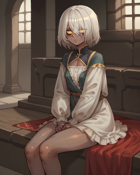 score_9, score_8_up, score_7_up, source_anime, 1girl, sitting, dark skin, white hair, yellow eyes, solaria_(ebonyxh),  <lora:solaria_ebonyxh:0.8>