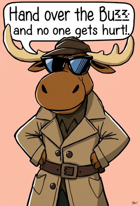 Cartoon Moose detective wearing a trenchcoat and dark shades, saying "Hand over the Buzz and no one gets hurt!"