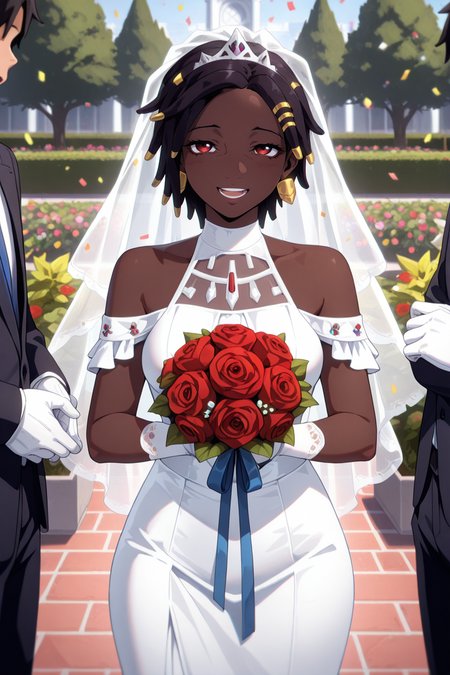 masterpiece, best quality, amazing quality,
annettenocturne_lcd, earrings, dark skin, hair ornament, short hair, 
<lora:annetteNocturne_lcd_v02:1> 
<lora:spo_sdxl_10ep_4k-data_lora_webui:1>
<lora:add-detail-xl:1> tiara, veil, wedding dress, white gloves, white dress, garden, standing, cowboy shot, holding bouquet, smile, open mouth, confetti,