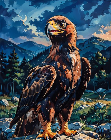 Mean Golden Eagle, best quality, at Blue hour, Sharp and in focus, specular lighting, dynamic composition, <lora:Vintage_Anime:1>