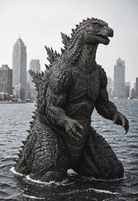 score_9, score_8_up, score_7_up, solo, portrait, from side, 1man, giant dinosaur reptilian monster Godzilla, spines, feral, realistic scales, detailed scale texture, solo, outdoors, out of the ocean, partially submerged, wading through the water, miniature city, building miniatures in the background, solo, full body, solo, extremely detailed, Macro detailed realism style photograph, 3DMM, monochrome, black and white, old photograph