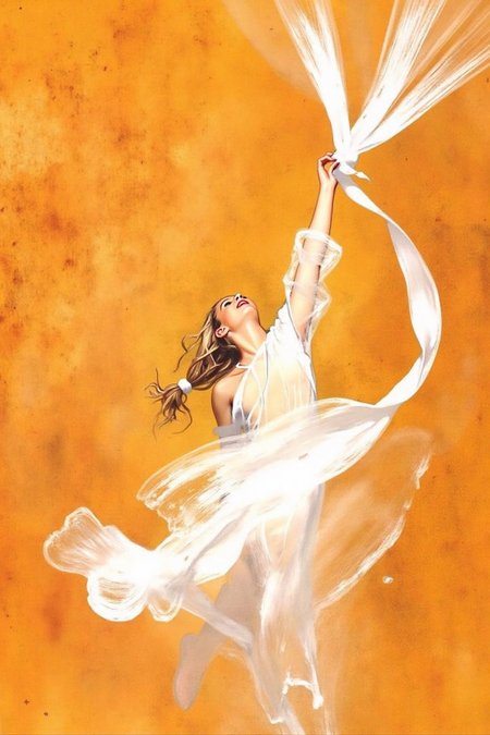 chenu1 illustration. 
A captivating and expressive painting of a young woman in a flowing, translucent white garment that appears to be in motion, as though caught in the wind. She is reaching upward with a look of joy and determination, her hand gripping a radiant white ribbon or cloth that extends dynamically into the air. The background is a textured, earthy ochre tone, providing a stark contrast to the brightness of her clothing. The composition emphasizes movement and freedom, with soft, painterly strokes and a warm, uplifting atmosphere <lora:chenu2_poster_cap_d6a3:1.0><lora:822573017281571141:0>