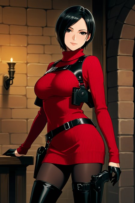 <lora:ada_wong_re_illus:0.7> ada wong, black hair, short hair, black eyes, large breasts, red sweater, turtleneck, chest harness, pantyhose, black gloves, half gloves, black belt, pistol holster, 1girl, solo, looking at viewer, smile, thighhighs, jewelry,  standing, weapon, boots, belt, black footwear, lips, gun, thigh boots, bob cut, high heel boots, sweater dress, thigh holster,  shoulder holster, black thighhighs, anime coloring, pistol holster on belt, medieval cities, more detail, cowboy shot,
