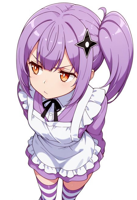 masterpiece,high quality details, absurdres,
 <lora:Satoko_Kusagakure:0.9>
satoko_cnr, 1girl, purple hair, long hair, side ponytail,orange eyes,hair ornament,sidelocks,, simple background, white background, dutch angle,solo,, annoyed,frown,, :/,, maid apron,cardigan  ,striped thighhighs,  ,var-legwear,