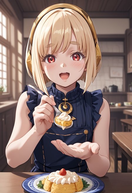 score_4,score_5,score_6,score_7_up,score_8_up,score_9 ((masterpiece,best quality,ultra detailed,highres,HD,4k:1.2)), 
1 femboy, solo,solo focus,femoby focus,face focus,
Layla,blonde hair,bangs,short hair,bob cut,sidelocks,thick eyebrows,red eyes,petite,
Apron, sleeveless, exposed arms, exposed shoulders,, frilly aprons, 
upper body,
pov,feeding,looking at viewer,feeding, food,incoming food,holding spoon, 
looking at viewer,blush,open mouth,