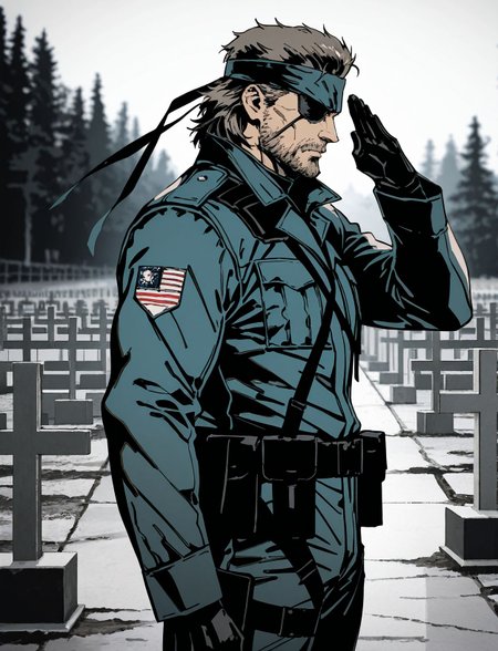 masterpiece,best quality,amazing quality,very aesthetic,absurdres,newest, huge filesize,
<lora:spo_sdxl_10ep_4k-data_lora_webui:0.5>,
<lora:add-detail-xl:1>
<lora:Normandy_American_Cemetery:0.8>, normandy_american_cemetery,  Salute to the tombstone, from side,  military uniform,  hat, stright tombstone,
1man, mature male, SOLID snake from metal gear solid,  big boss,
 (eyepatch:1.1), simple pencil sketch, spot color, <lora:Yoji:0.8> yoji_shinkawa,