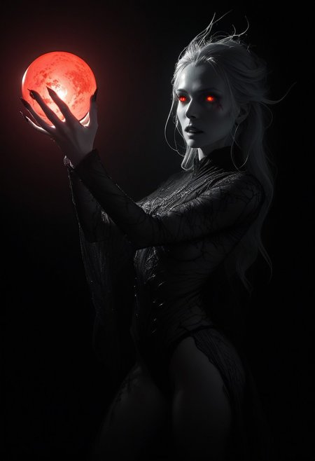 dutch angle, N3onSp3ctra, realism a dark, shadowy figure against a deep, almost black background. The figure, likely a woman, (head tilt), (orgasm face:1.5)  face is hidden in the darkness, making her features hard to distinguish, but glowing red eyes stand out, giving her an eerie vibe. Her hair is long and wild, flying around like she's caught in a gust of wind. She's reaching up with her right hand, fingers slightly spread, and holding a glowing red orb that looks like a small, full moon. The orb casts a faint red light, adding to the creepy atmosphere. Her left arm is bent, with the hand hanging loosely by her side. She's wearing a flowing, see-through black garment with intricate, almost glitch patterns that add to the mysterious feel. dark and moody color scheme, sport color red glow of her eyes and the glass orb providing the only bright spots. 
intricate detail​​​s, detailed face, blurry background,
monochrome palette, dark, fantasy darkness, 
detailed background, soft light, underlighting, (shiny skin:0.4), 
night theme, dark theme,
night, nighttime, dark theme, low-key, low-light dimly lit, fog haze, (shiny:0.4),