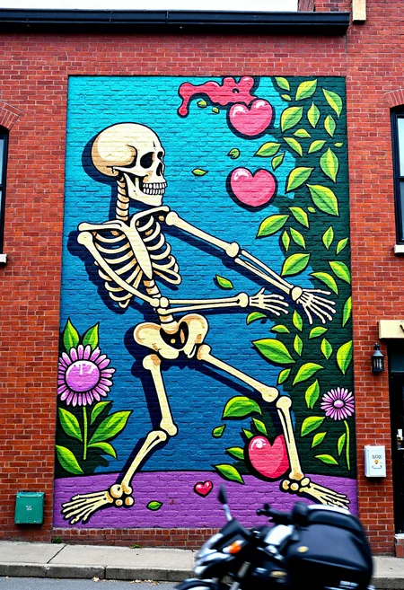 <lora:Brick_Wall_Graffiti_FLUX:1>
This is a vibrant, detailed photograph of a mural painted on a brick wall. The mural features a stylized, cartoonish depiction of  a skeleton dancing