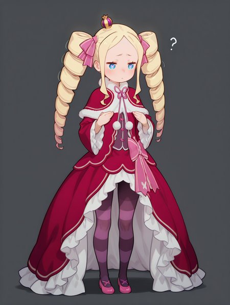 perfect quality,high quality,masterpiece,best quality,amazing quality,very aesthetic,absurdres,Cinematic Lighting,newest,Tactical use of shadow,
front view,full_shot,Raised brow with a questioning look,
BeatriceCYQL,1girl,solo,blonde hair,drill hair,long hair,twintails,twin drills,sidelocks,ribbon,hair ribbon,blue eyes,symbol-shaped pupils,crown,mini crown,dress,capelet,red capelet,fur-trimmed capelet,fur trim,pantyhose,striped pantyhose,striped,long sleeves,frills,frilled sleeves,red dress,frilled dress,shoes,pink footwear,bow,wide sleeves,
full body,standing,covering_nipples,,
darkgray  background,simple background,
<lora:NoctFlatStyleILV0.6-Contrast:1>,<lora:MinimalistFlatColorXL_byKonan:0.5>,<lora:zzziGnXLillokrV531:0.5>,<lora:BeatriceCYQL:1>,
