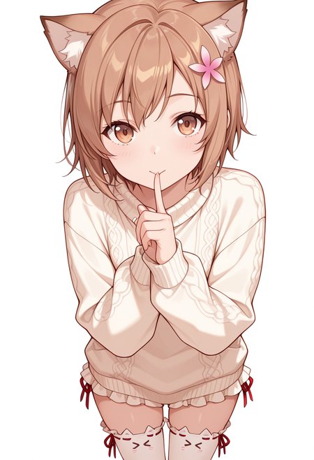 Smooth Quality,masterpiece,very intricate, high quality details, ultra realistic, high detailed skin,detailed enviorement,absurdres,
shushing,
 <lora:Yukimura_Kusunoki_CNR:0.8> yukimuria_cnr, 1girl, brown hair, short hair, brown eyes,hair flower,, simple background, white background, front view,solo,, :>,, pullover,lace-up top,frilled thighhighs,  ,animal ear legwear thighhighs,