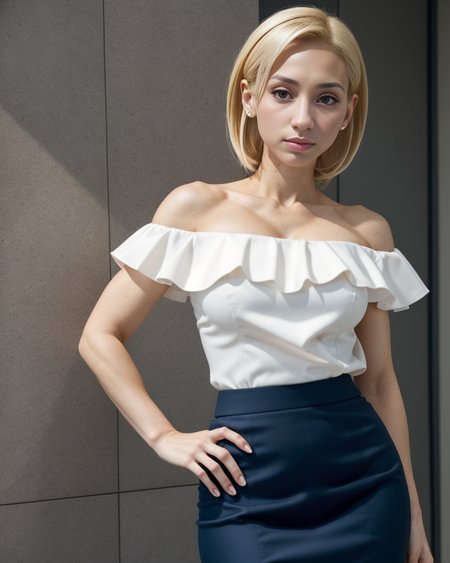 woman, reeseGNRC, annual tool, serious expression, A stylish off-the-shoulder blouse with ruffled details, paired with a fitted pencil skirt, The blouse adds femininity, while the skirt enhances the overall elegance of the outfit, an opulent mafia boss office