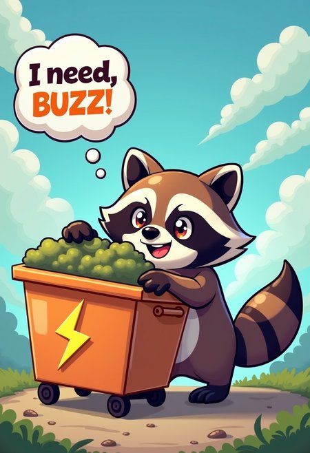 Raccoon dumpster diving for buzz, cartoon, dumpster with lightning bolt symbol, speech bubble "I need Buzz buzz buzz!" , cute anime style, painting, 3d, render, comic, anime, manga,