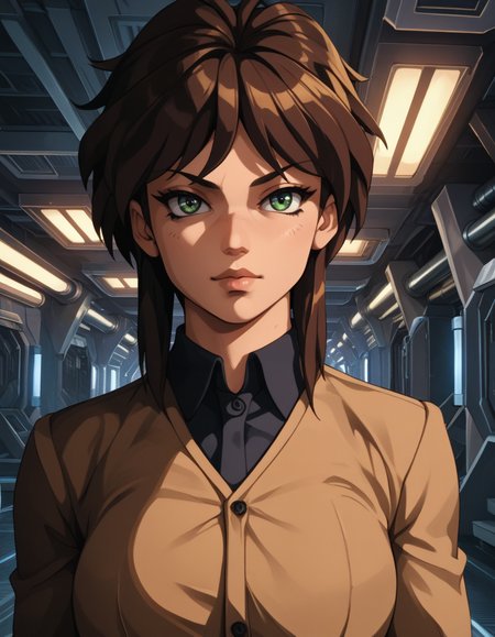 professional 3d model, score_9, score_8_up, score_7_up, score_6_up, score_5_up BREAK ot0m, 1girl, green eyes, brown sidelocks hair, looking at viewer, <lora:OtaKingMondayAshlinPDXL32v1.5tx1-000015:0.9>, octane render, highly detailed, volumetric, dramatic lighting