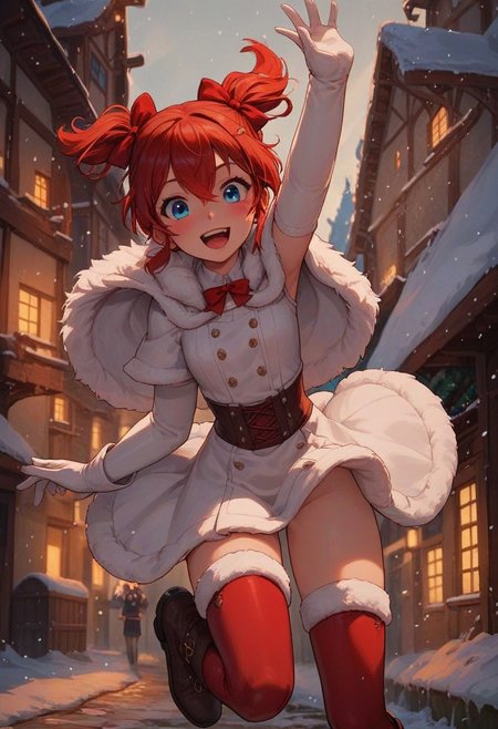 score_9, score_8_up, score_7_up, score_6_up, 
1girl, 25 years old, perfect face,  cute, petite,
blue eyes, 
red hair, short hair, short twintails, hair between eyes, hair bow, 
fur-trimmed thighhighs, fur trim, fur capelet, white coat dress, fur-trimmed dress, red bow, white gloves,
red thighhighs,  
arm up, leg up, knee boots, excited, 
snowing, winter, village,