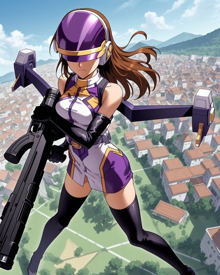 score_9, score_8_up, score_7_up,1girl,  solo,  anime screencap, highres  <lora:EDF_palewing_pdxl:1> palewing_armor, gold trim purple and white halter dress, black elbow gloves, black thighhighs, palewing_helmet, purple jetpack, visor down, covered eyes, brunette hair, long hair, flying, holding sci-fi sniper rifle with both hands, sky, serious, dynamic, dutch angle, from above, knees bent