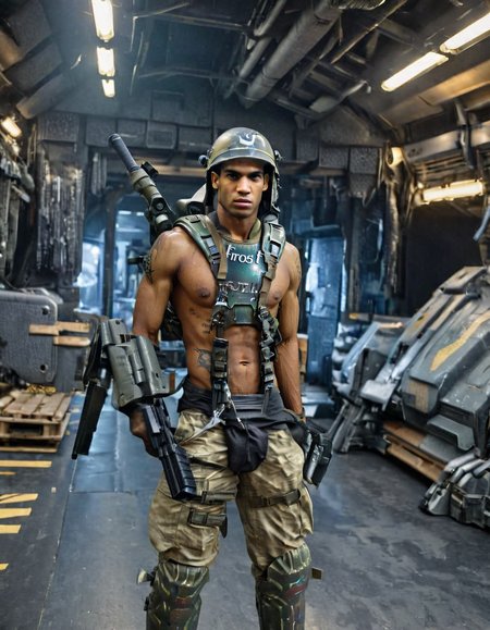 UHD, 8K, ultra detailed, highly realistic photo of uscmc, (muscular:1.2) goofyjamal wearing military helmet and elbow pads is shirtless holding a weapon, background is a military drop ship, chest plate has the word word "FROST" , abs, (high resolution 8K photo quality:1.3), photograph uscmc, (muscular:1.2) goofyjamal wearing military helmet and elbow pads is shirtless holding a weapon, background is a military drop ship, chest plate has the word word "FROST" , abs, 50mm . cinematic 4k epic detailed 4k epic detailed photograph shot on kodak detailed cinematic hbo dark moody, 35mm photo, grainy, vignette, vintage, Kodachrome, Lomography, stained, highly detailed, found footage