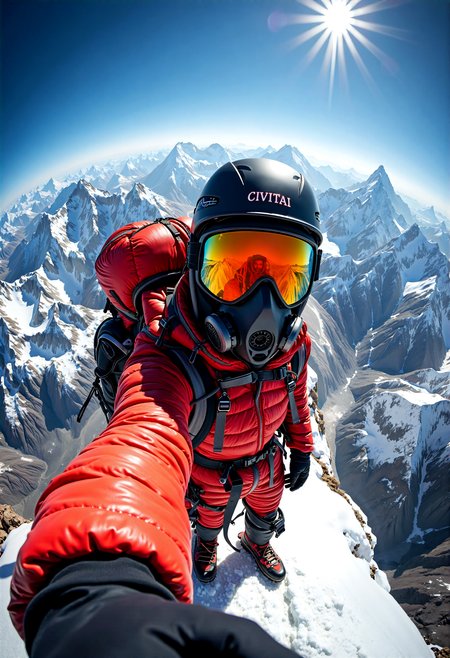 This is a handheld selfie photograph that captures a lone climber facing the camera slightly turned to show the scenery with his arm while climbing Mount Everest, taken from a low angle with a fisheye lens, providing a wide and distorted perspective of the surrounding landscape. This is a close-up from above of the climber wearing a bright red down suit, a heavy backpack with attached equipment, and modern mountaineering boots. He shows the landscape, all lightly covered in snow and frosted by the cold of the altitude. The climber's face is protected by large, snow goggles with colorful polarized mirror and an oxygen mask, essential for high-altitude climbing, on the front of his black helmet is written "CIVITAI". In the reflection of the mask, one can see the landscape of snow-capped peaks. The background reveals a breathtaking panorama of snow-covered peaks and ridges under a clear blue sky, with a faint, circular rainbow-like halo visible around the sun due to the lens effect. The image conveys the challenging yet awe-inspiring environment of climbing the world's highest peak.