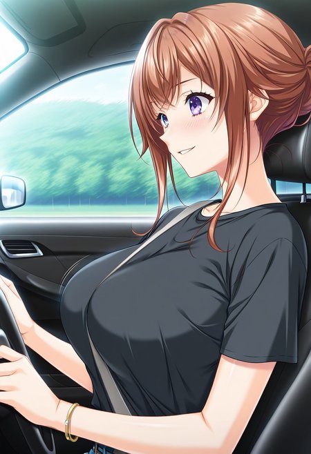 general,highres, ultra-detailed,very aesthetic,best quality ,best hands,masterpiece, best quality, newest, highres, score_9, score_8_up, score_7_up, source_anime, rating_explicit,1girl, yokota mamoru style,motion lines,,Very straight nose,slim,slender face,perfect nose
hanasaki koharu, blue eyes, orange hair,side hair,slim,big breasts,long hair, chest lenth hair,sidelocks
 anime screencap,
1girl, car interior, driving, solo, long hair, purple eyes, steering wheel, ground vehicle, brown hair, motor vehicle, shirt, car, black shirt, smile, seatbelt, jewelry, bracelet, bangs, from side, parted lips, blush