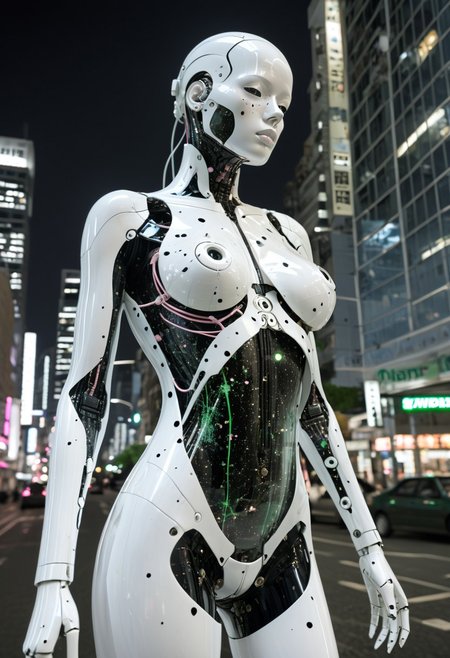 Blame! by Tsutomu Nihei see through female cyborg, city background in night, pink see through torso, black oil splatter, white dress, black plated cables everywhere, translucent glass head, chips and electronics, in background, black oil splatter, green everywhere, symbiotic everywhere, insects everywhere titanium everywhere, electric everywhere, city background, easynegative, ng_deepnegative_v1_75t