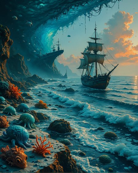Sea Landscape, Creator Landscape,
Fitz Henry Lane (luminist calm), Salt-crusted coastal salt pans, cuttlefish bones. 19th-century whaling ship wreck, cuttlefish color changing,
<lora:ClassipeintXL2.1:0.446> oil painting,
<lora:extremely_detailed:0.133> extremely detailed,
<lora:add-detail-xl:0.318>,
<lora:dreamshaperXL10_lora:0.794>,
<lora:Flux-XL_Scenery: 0.690> flux-scenery,
detailxl,
advntr,