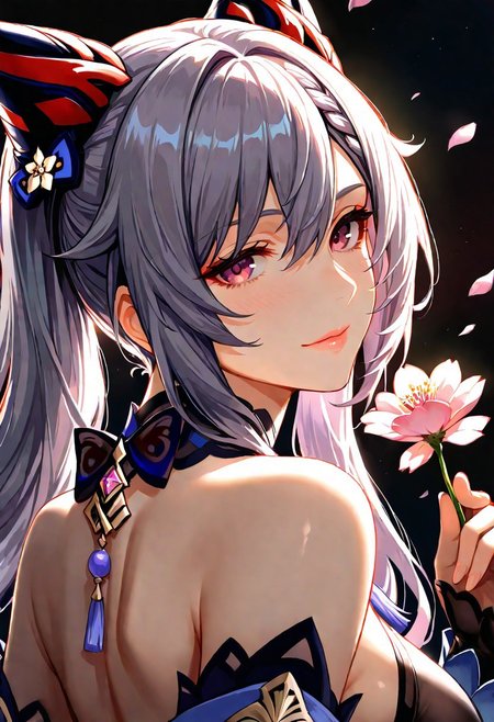 1girl, Keqing Genshin Impact, wearing Ganyu's Frostdew Tail outfit, mature adult body, lips, thin lips, solo, looking at viewer, charming sensual smile, holding flower, chupa chups, upper body, from below, back lighting, dark, multicolored background, masterpiece, cherry blossom, best quality, very aesthetic