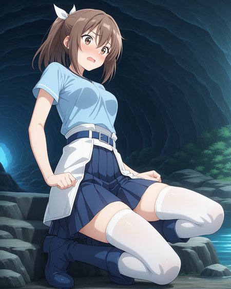 (blue shirt blue pleated skirt blue belt white thighhighs blue boots:1.50), 
bof-sally, brown eyes, (brown hair), sidelocks, bangs, hair between eyes, ponytail, white hair ribbon,
medium breasts, 1girl, 
(masterpiece, highres, ultra-detailed,very aesthetic, best quality, absurdres, high quality, highres), 
flustered,
close-up,
(feet:0.90), 
BREAK,
cave lake,
,
(solo:0.80), (skinny:0.8),
(),
<lora:bof-sally-V02-illXL:0.70>