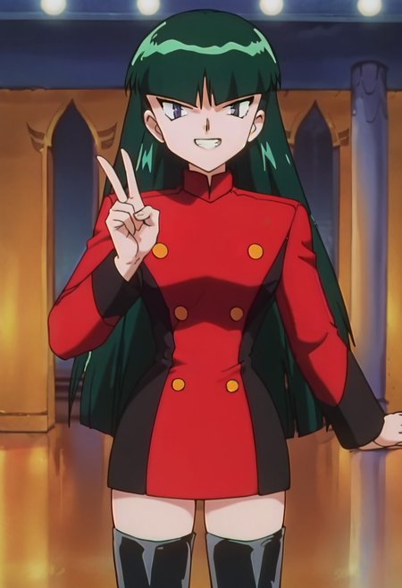 score_9,score_8_up,score_7_up,score_6_up, easynegative, negative_hand, Expressiveh, anime, screencap, source_anime, 
PKMNSabrina, 1girl, green hair, long hair, blunt bangs, hime cut, blue eyes, eyelashes, long sleeves, double-breasted, red short dress, buttons, black thighhigh heel boots, zettai ryouiki
BREAK, smile, looking at viewer, cowboy shot, upper body, v, victory, indoors, face focus, grin, teeth