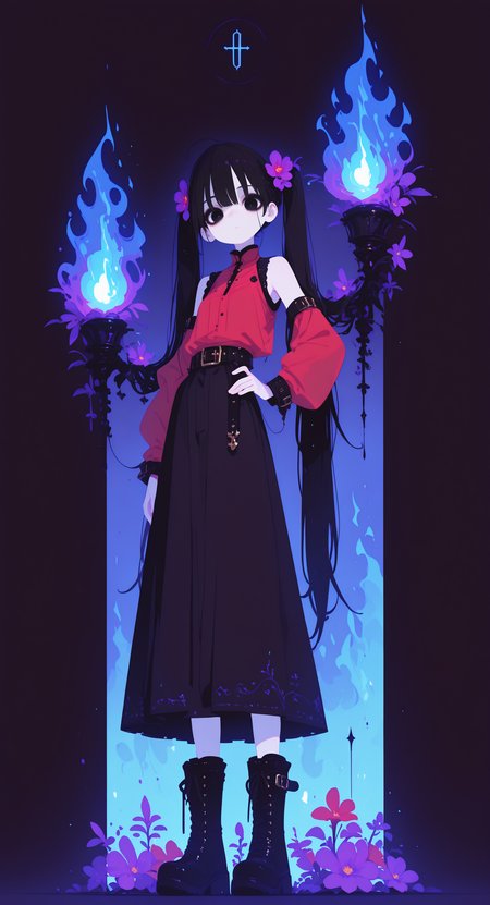 masterpiece, best quality, good quality, newest, highres, absurdres, 1girl, solo, long hair, looking at viewer, shirt, skirt, black hair, hair ornament, very long hair, twintails, full body, flower, boots, sleeveless, belt, black skirt, hair flower, black footwear, black eyes, hand on own hip, sleeveless shirt, floating hair, fire, red flower, red shirt, long skirt, purple flower, blue fire, xxx667_illu, glowing, tfaix, haiz_ai, no lineart,no outline, <lora:illustriousXL_stabilizer_v1.23:0.3> <lora:NOOB_vp1_detailer_by_volnovik_v1:0.3> <lora:ponyv6_noobE11_2_adamW-000017:0.3> <lora:XXX667:0.7> <lora:checkpoint-e18_s306:1.25> <lora:tenebriflora-wai:0.5> <lora:haiz_ai_illu:0.7>