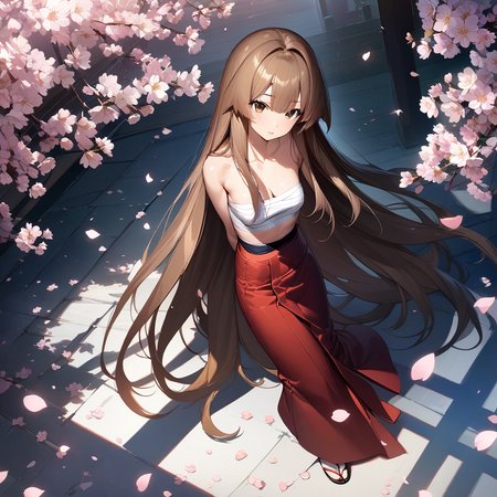 (masterpiece),(best quality),(ultra-detailed),(best illustration),(best shadow),(absurdres),(detailed background),(very aesthetic), seto_sun, 1girl, sarashi, solo, long hair, weapon, brown hair, petals, japanese clothes, very long hair, brown eyes, cherry blossoms, hands behind back. <lora:XL-SetoSun:1>