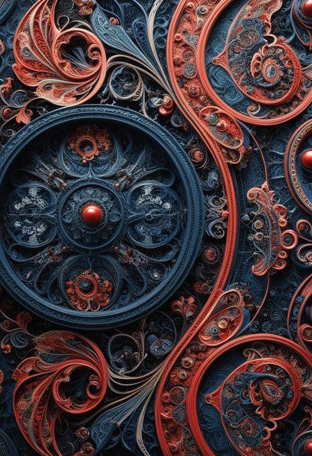 photo of a paisley pattern, boteh, paisley, navy blue, madder red, almond, entwined paislies, official art, aesthetic, dynamic angle, hyper detailed, order and chaos, dark colors, (extremely detailed, intricate details, masterpiece, best quality, 8k wallpaper:1.4), dramatic lighting, (dark blue and madder red palette:1.2), twisting paisley
