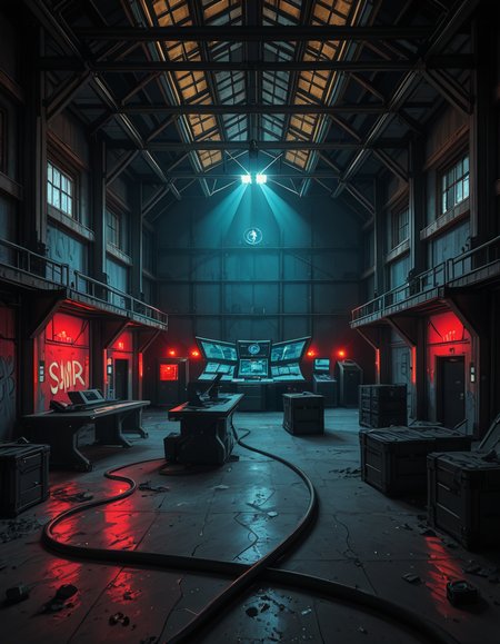 A dark, abandoned warehouse transformed into a villain's secret lair. The structure is massive and industrial, with rusted steel beams, shattered windows, and crumbling concrete walls covered in old graffiti. The floor is dusty and cracked, with scattered debris and oil stains. Dim red and blue lights glow from hidden sources, casting eerie, atmospheric shadows throughout the space. In the center, a high-tech command station glows with holographic maps, control panels, and futuristic computer screens. Advanced equipment, weapons racks, and strange scientific devices are neatly arranged on steel tables. Thick black cables snake across the floor and dangle from the ceiling. Makeshift metal dividers and reinforced crates create hidden zones for operations and storage. The setting is cinematic, mysterious, and tense, with dramatic lighting, high contrast between dark corners and glowing tech, and a realistic, moody art style â like a scene from a dystopian sci-fi thriller. No people or figures are present. 
<lora:SDXLFaeTastic2400:0.4> <lora:extremely_detailed:0.4> extremely detailed,villain secret l41r, <lora:villain_secret_l41r-i:1>, Masterpiece,best quality,hi res,8k,hi res,8k,award winning,(sharp focus, intricate, highly detailed),
