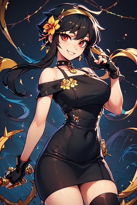 score_9, score_8_up, score_8, big breasts, (curvy), cute, eyelashes,      rating safe,   BREAK,  YorForger,1girl,black hair, red eyes, short hair with long locks, gold hairband, hair flower, black choker, black dress, sleeveless, off shoulder, floral print, fingerless gloves, black footwear, thigh holding dagger,   BREAK,   smile, looking at viewer, abstract background, thorns, dark theme, white outline, cowboy shot,   embedding:zPDXL, Expressiveh  <lora:YorForgerXLpony004:0.8>,  <lora:CatalystStylePDXL:0.6>,  <lora:SDXLFaeTastic2400:0.5>,  <lora:Expressive_H-000001:0.4>,