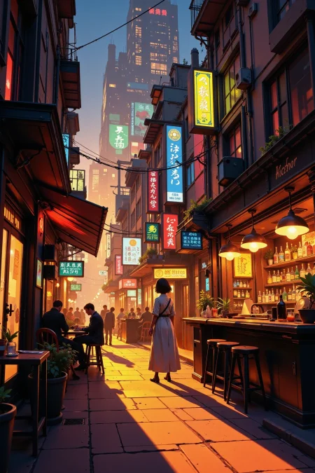 a cyberpunk bar in a futuristic street beautiful  landscape, golden hour, woman, very intricate, very detailed, sharp, bright, colorful, <lora:Hand v2:0.5> <lora:Anti-Blur:1><lora:Insane Detail Slider:0.25>  <lora:flux.1_lora_flyway_Epic-detail_v2:0.3> <lora:fluxenhancer:0.25> <lora:ROWER:0.6> <lora:Anime art - Variant 3:0.6> Anime art