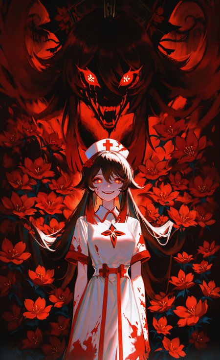 masterpiece, best quality, good quality, very aesthetic, absurdres, newest, hu_tao_\(genshin_impact\), 1girl, solo, long_hair, breasts, looking_at_viewer, smile, open_mouth, brown_hair, red_eyes, dress, hat, hair_between_eyes, very_long_hair, twintails, standing, flower, multicolored_hair, short_sleeves, sidelocks, red_hair, teeth, white_dress, symbol-shaped_pupils, gradient_hair, blood, white_headwear, glowing, fangs, red_flower, bright_pupils, tassel, red_background, glowing_eyes, white_pupils, blood_on_face, collared_dress, nurse_cap, hat_flower, blood_on_clothes, nurse, red_theme, blood_on_hands, flower-shaped_pupils, plum_blossoms <lora:ponyv5_noobE11_1_adamW-000013:0.8> <lora:USNR_STYLE_XL_lokr:1> <lora:EtherSDXL:0.3>