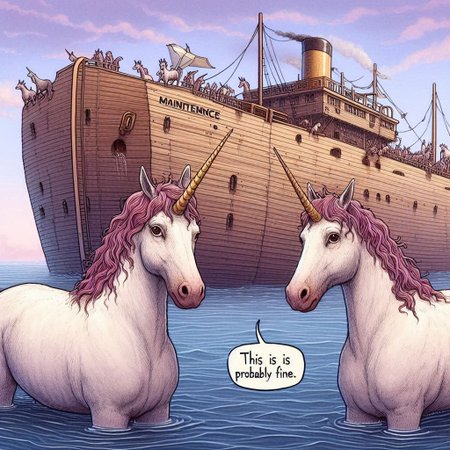 pair of unicorns,  who didnt make it onto the ark, ship named "Maintenance", unicorns says "this is probably fine"