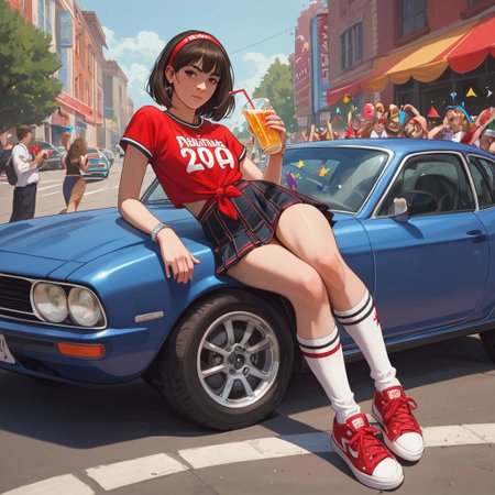score_9, score_8_up, score_7_up,  exquisite photograph of a gorgeous 22 year old BETE NOIRE drinking from a red disposable cup at a pregame party, wearing a very short and sexy flirty skirt with a tied-up jersey, hairband, sneakers with knee high socks, having fun her friends, car parki tailgate, ((party)), ((sporting event parking lot))
