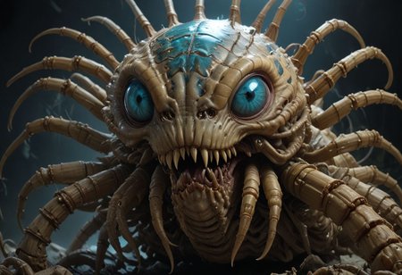 cinematic, facehugger chonkasaurus, scifi, slimey, raytracing, HD, 4k, floating energy, night, dark, blue eyes, (energy effects:1.3), <lora:chonkasaurus-000003:1>, <lora:add-detail-xl:2>