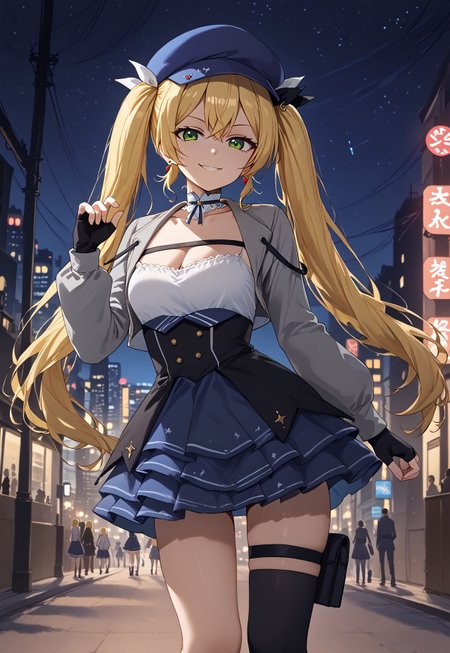safe_pos, 1girl, solo, solo focus, highres, absurdres, DokiNew, blonde hair, long hair, beret, twintails, bangs, green eyes, blue headwear, hair between eyes, fingerless gloves, grey jacket, black gloves, long sleeves, cleavage, blue skirt, hair ribbon, dress, open jacket, collarbone, choker, thigh strap, earrings, white shirt, single thighhighs, black ribbon, white ribbon,

looking at viewer, smug, from side, hand up,

street, cityscape, neon lights, shade, night, night sky, dark, backlighting,