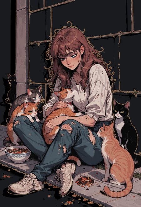 score_9, score_8_up, score_7_up, masterpiece, best quality, very aesthetic, 1girl, incoth, (incase:0.6), detailed face, (dynamic:1), stylized, illustration, deep blue eyes,  white pupils, brown hair, long hair, disheveled hair, sitting on sidewalk, street, wall, (dirty:0.6), street urchin, ripped clothes, catfood, bowl, cats, many cats, snuggling against, affection, petting cat, (light smile:0.7), emotional, serene, 