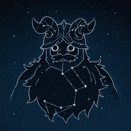 masterpiece, best quality, newest, absurdres, highres, anime, anime style, LSCV1.0, constellation, star (sky), starry sky, night sky, night, starry sky, no humans, silhouette, monochrome, 
Senshi \(dungeon_meshi\), dwarf, helmet, horns, horned helmet, fake horns,