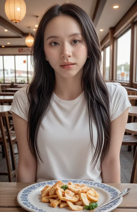 score_9,score_8_up,score_7_up,score_6_up,score_5_up,<lora:add_brightness_XL:-0.5>,<lora:add_contrast_XL:-0.9>,<lora:add_saturation_XL:-0.5>,<lora:add_sharpness_XL:0.5>,zPDXL3,SmoothQualityPony,<lora:Adjust_details_v6.0_PONY:0.3>,<lora:Add_Details_v1.2:0.5>,<lora:Pony Realism Slider:0.5>,<lora:spo_sdxl_10ep_4k-data_lora_webui:1.8>,<lora:BackgroundDetailerV3:0.3>,intricate detail,high quality,best quality,8k,masterpiece,(realistic:1.2),photorealistic,photo (medium),pureerosface_xl,expressive face,<lora:Expressive_H:0.8>,(Expressiveh:1.3),
BREAK 1girl,<lora:JCAI_kpop06_unreal:1>,2icech439,female,korean,asian,k-pop,black eyes,mole under mouth,1girl,solo,alone,t-shirt,casual wear,<lora:Date_Night:0.8>,d4ten1ght,sitting across from viewer,restaurant,cafe,food,table,opposite viewer,
