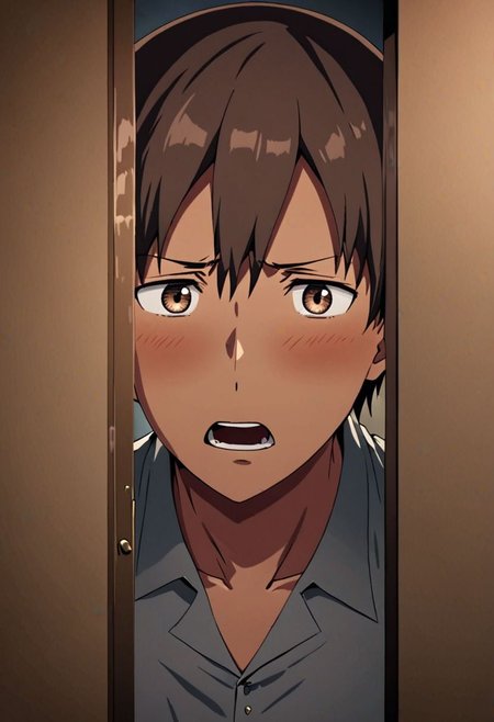 high resolution, solo, best quality, 1Boy, Takaki Toono, Brownish Hair, Brown Eyes, surprised, peeking out, OverallDetail