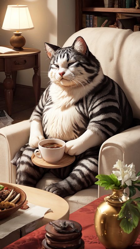 (pixar:1.2), 
A 3D render of a chubby, overfed cat lounging on a cozy pillow, its belly round and full from overeating. The cat has a content, sleepy expression with half-closed eyes. The scene is set in a warmly lit, comfortable living room with soft lighting and detailed textures. A bowl of empty cat food sits nearby, indicating the feast. The background includes a plush sofa, a coffee table with books and a lamp, and a window with sunlight streaming in, casting soft shadows. The composition captures the humorous and endearing mood of the scene, with realistic textures, intricate lighting, and expressive character features. Proper and natural anatomy, with attention to detail in the catâs fur and the roomâs elements.
<lora:baclight_slider_v10:-1> <lora:add_sharpness:2>
