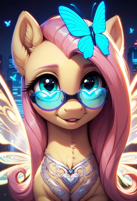 core_9, score_8_up, score_7_up, score_5_up, source_anime, Fluttershy, pony with glowing butterfly-like mechanical wings, vibrant neon colors, wearing glowing heart-shaped glasses, futuristic city background with a soft purple and blue glow, detailed lighting, soft fur texture, close-up focus, serene and confident expression, glowing tattoo on her shoulder resembling wings, sparkling night atmosphere, dynamic lighting effects, elegant hairstyle